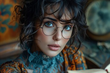 A stylish woman with glasses reading a book, with an elegant artistic background