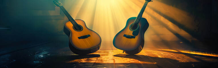two Classical acoustic guitars on with warm sun rays light effects on dark banner background. - obrazy, fototapety, plakaty