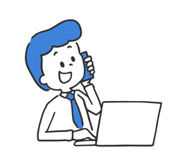 パソコンの前で電話をするスーツの男性のイラスト