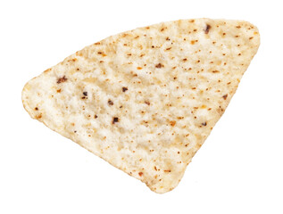 Single tortilla chip isolated on white background, showing detail and texture of the snack.
