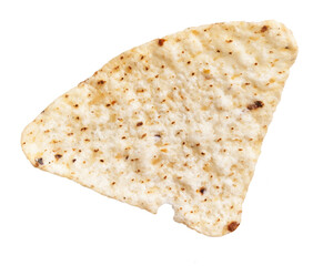 A single, imperfect tortilla chip isolated on white background, indicating snacking and food themes.
