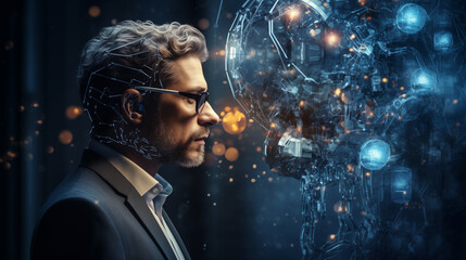 Businessman with futuristic holographic interface, technology and innovation concept.