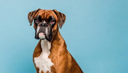 sitting boxer dog on light blue background with space for text
