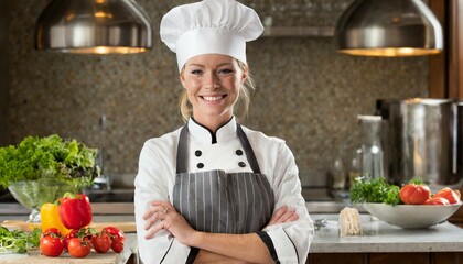 A female chef cook in a white hat smiling with her arms crossed in the kitchen, restaurant 