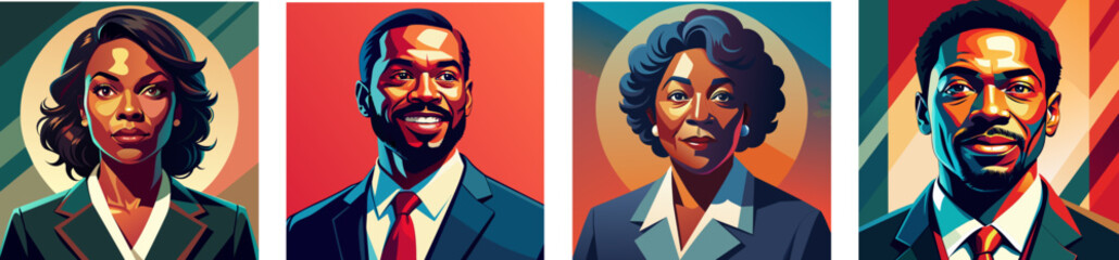 Portrait of a confident black businesswoman and businessman. Young and senior. Diversity African American flat vector illustration set
