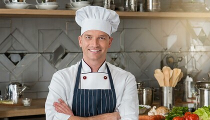A chef cook smiling with arms crossed and a white hat in the kitchen, restaurant 