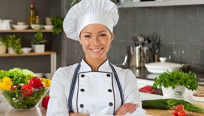 A female chef cook in a white hat smiling with her arms crossed in the kitchen, restaurant 