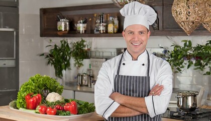 A chef cook smiling with arms crossed and a white hat in the kitchen, restaurant 