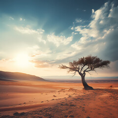 A lone tree in a vast desert landscape.