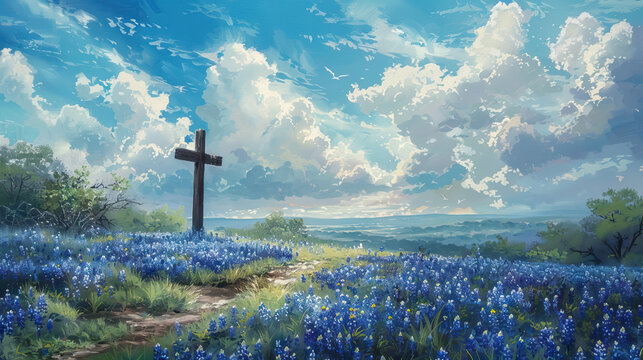 Cross in bluebonnets field with afternoon cloudy sky for Holy Saturday background.