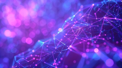 An abstract purple and blue background with glowing geometric patterns connected in a line-like pattern, reminiscent of a neural network or artificial intelligence theme