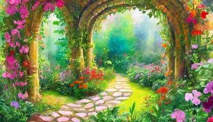 a beautiful secret fairytale garden with flower arches and colorful greenery digital painting background - obrazy, fototapety, plakaty