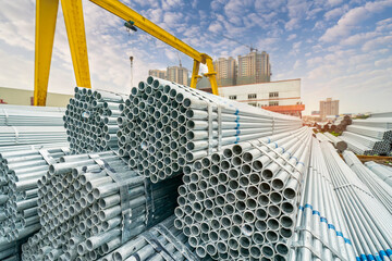 Steel Pipes Industry Construction stacked in Factory warehouse