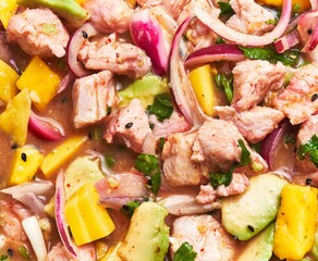 Close-up of a vibrant peruvian ceviche dish with fresh seafood, avocado, red onions, and cilantro, perfect for culinary concepts.