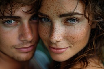 Intense and intimate close-up of a couple sharing a loving gaze, with noticeable freckles