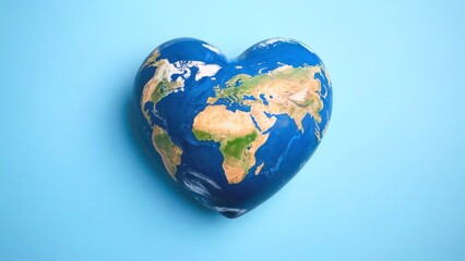 Heart shaped earth, Earth Day, Top view heart globe on blue background