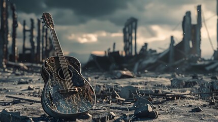 Abandoned Guitar in Post-Apocalyptic Setting, Lost Music Theme,Climate migration - obrazy, fototapety, plakaty