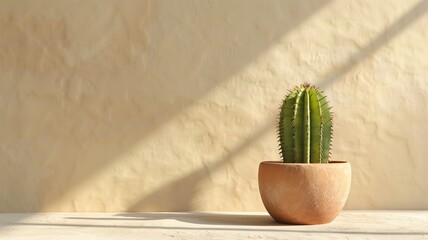 Simple beige wall with a cactus in a ceramic vase