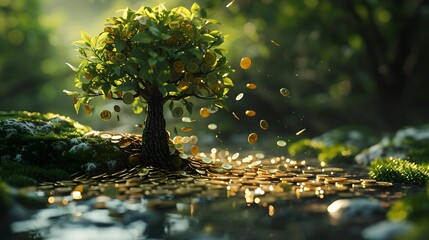 Money Tree Magic in Earthy Forest, magical, coins, transforming, thriving