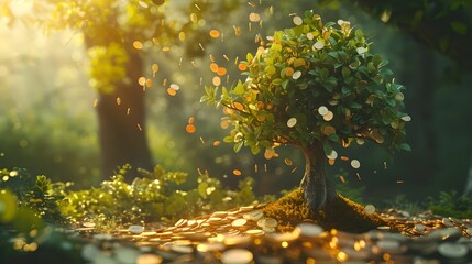 Money Tree Magic in Earthy Forest, magical, coins, transforming, thriving - obrazy, fototapety, plakaty