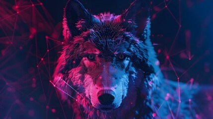 Silhouette of wolf head made of particles and lines on dark abstract background, futuristic digital artwork.