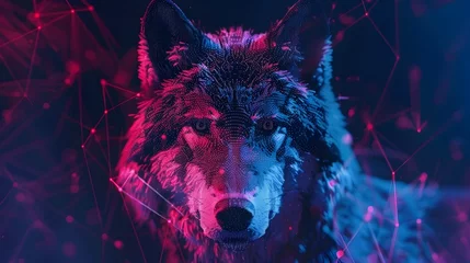 Poster Silhouette of wolf head made of particles and lines on dark abstract background, futuristic digital artwork. © R Studio