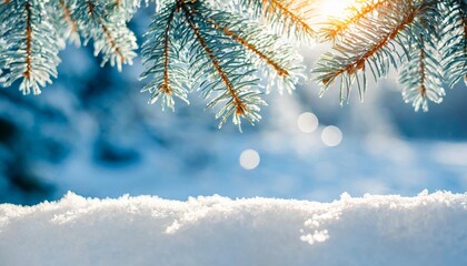 beautiful winter background image of frosted spruce branches and small drifts of pure snow with bokeh christmas lights and space for text - obrazy, fototapety, plakaty