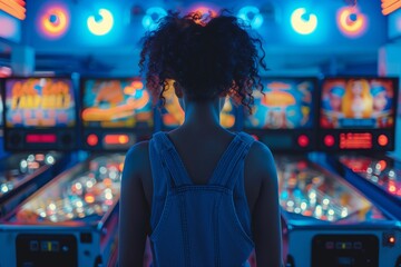 A young woman in an arcade saloon in frond of pinball machines. - Powered by Adobe