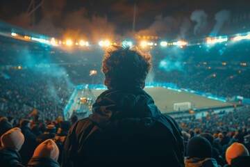 Soccer supporters erupt in cheers as their team scores a goal, filling the nighttime stadium with energy and excitement.