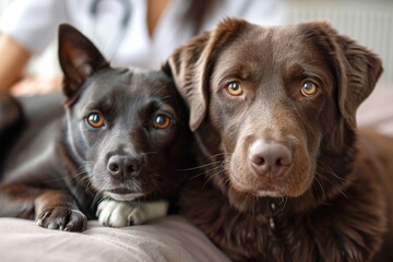 Fototapeta premium A close-up shot capturing the tender moment of a pet dog cuddling comfortably in bed