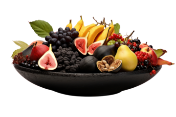 Beautifully arranged fruit bowls It consists of unusually shaped fruits such as cashew nuts, figs and rambutan served in a black ceramic bowl. Isolated on a transparent background.