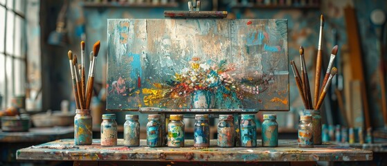 Detail of a messy paint studio with bristle brushes, pastel sticks, and a vintage toolbox
