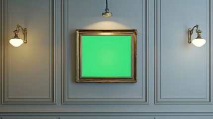 Old-fashioned wooden frame with green screen background. Empty space for photo or art picture hang. White wall background. Blank place mock up with chroma key. Chromakey mockup. Gallery interior. - Powered by Adobe