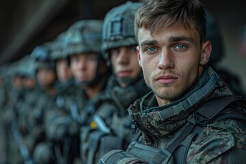 Obraz premium Close up of a young soldier's focused face while standing in formation, symbolizing teamwork and discipline