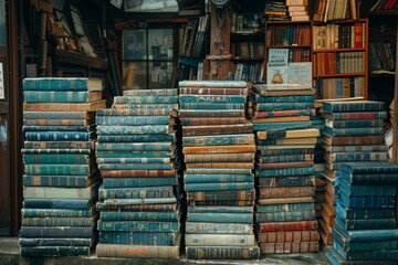 A collection of vintage and weathered books stacked in an interesting pattern outside a bookstore