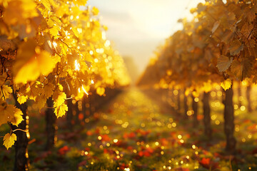 Golden vineyard leaves shining in the sunlight, with a path running through the middle