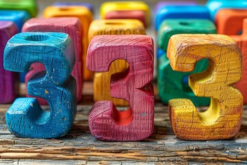 Vibrant multicolored wooden blocks with numbers 1, 2, and 3, focused on learning and play for children