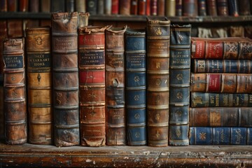 A collection of antique books with weathered leather bindings standing on a wooden shelf, signifying knowledge and history - obrazy, fototapety, plakaty