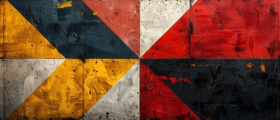 A geometric painting with red, white, black, and yellow acrylic paints as a background