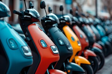 Future Sustainable City Transport, close-up shot, row, parked, electric scooters