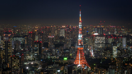 Tokyo Tower and Tokyo cityscape at night, view from the Roppongi Hills Mori Tower