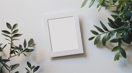 White frame mockup. Empty space template for photo or art picture. White table background. Blank place mock up. One photography sample surrounded by flowers and plants