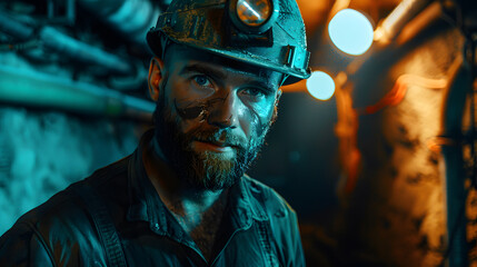 Portrait of Engineer dressed in a dirty boiler suit and mining hat and working hard on the mining coal, dirt smears, Light from a lamp in a mine, cinematic.