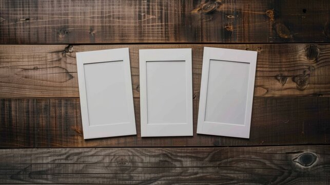3 old fashion vintage white frame mockup. Empty space template for polaroid photo or art picture. Wooden table background. Blank place mock up. Three snapshot photography sample. Memory concept.