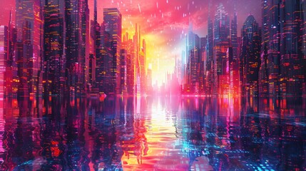 A digital artwork of a futuristic city skyline rising high.