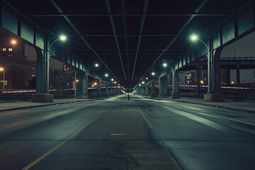 Empty street below a bridge with lots of lights.