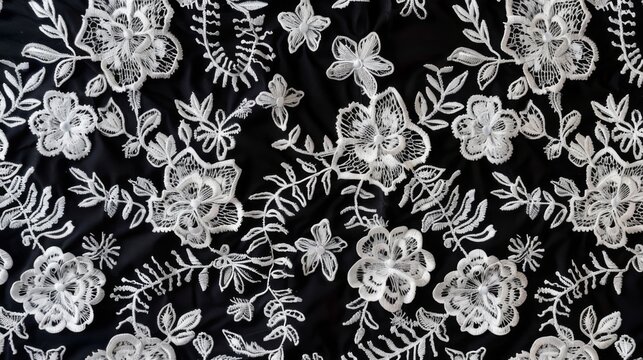 White Floral Guipure Lace Fabric on black background.
