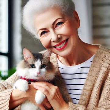 A Senior woman at home with favorite pet cat , love and friendship of human and animal pragma - Generative AI