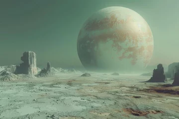 Rolgordijnen Exploring an alien planet, the 3D rendering captures its otherworldly landscape and mysterious atmosphere. © Kwanruethai
