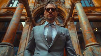 portrait of businessman in the city, elegantly dressed, buildings background